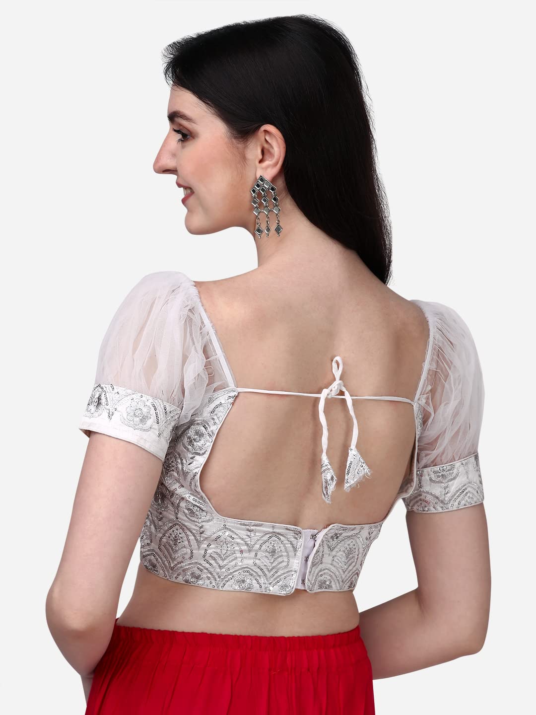 Pujia Mills Womens Net Fabrics Round Neck Puff Sleeve Blouse (White, 38)