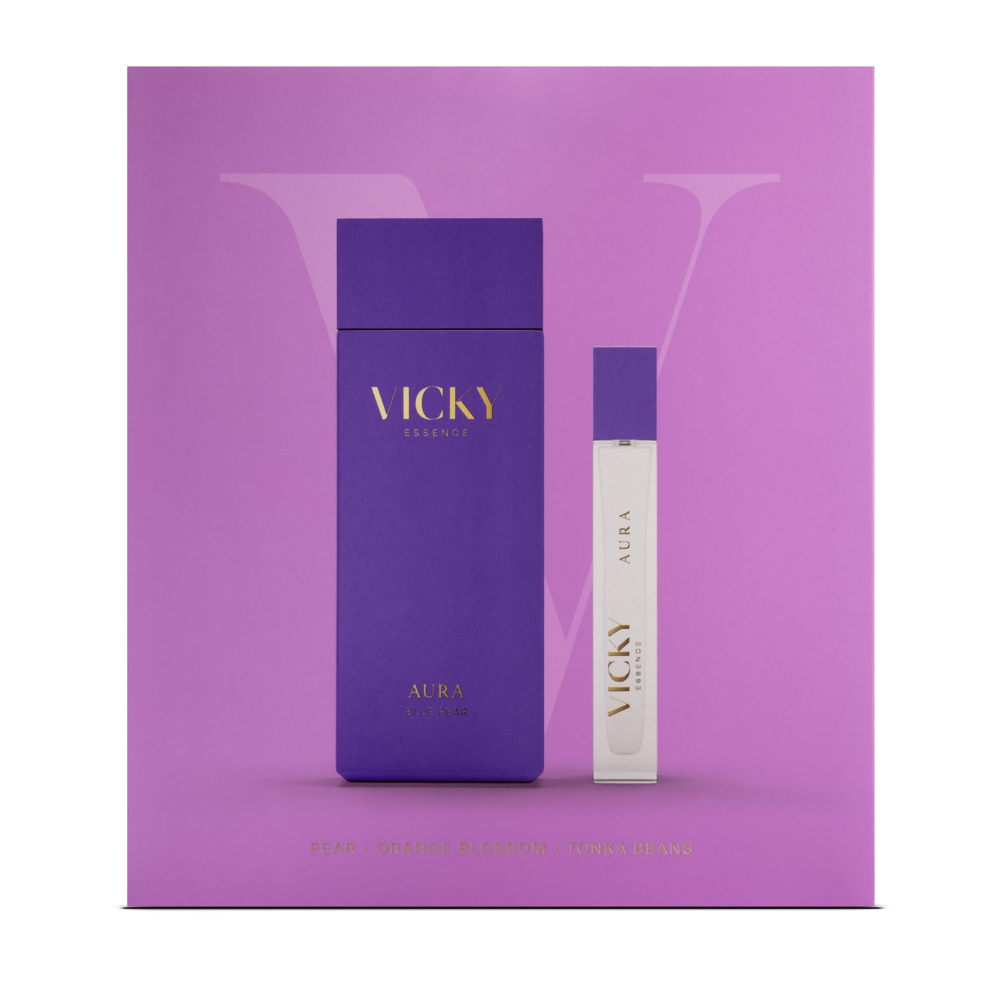 VICKY ESSENCE Eau de Toilette AURA 100ML+ EDT 20ml | Set de Perfume de Mujer | Fragancia Duradera | Vainilla y almizcle | Pera y flor de Naranjo