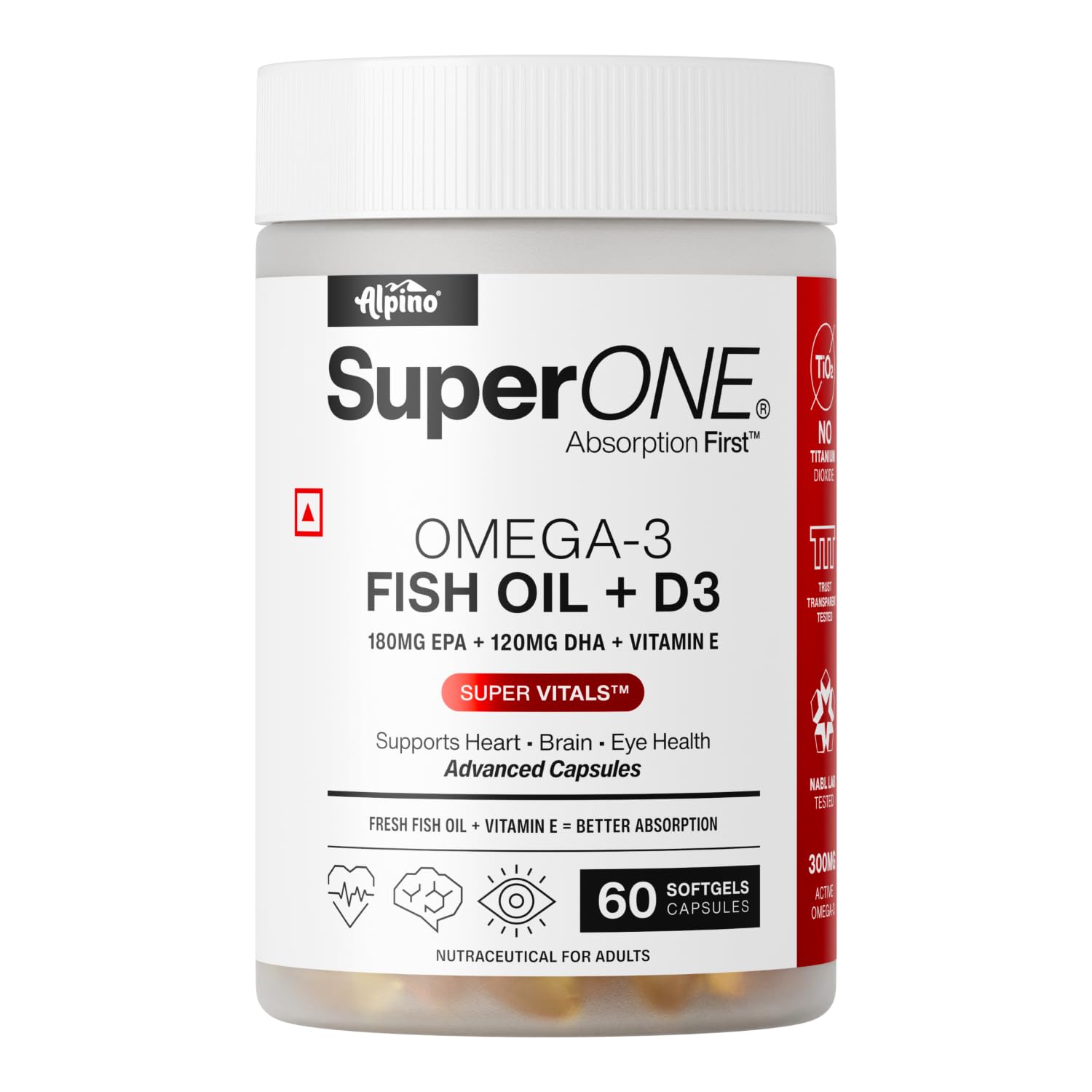 Alpino SuperONE Omega-3 Fish Oil + D3 Capsules | 180mg EPA & 120mg DHA with Vitamin D3 & E | Heart, Brain & Eye Health Support | 60 Softgels