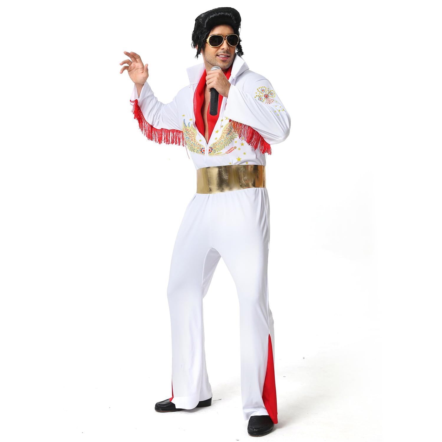 Luming Herren Halloween Kostüm Karneval Deluxe Kostüm 50er 70er Disco-Party 5-teiliges: Jumpsuit, Gürtel, Perücke, Sonnenbrille, Schal