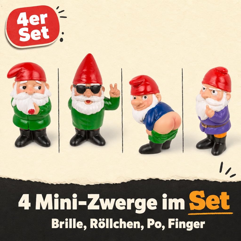 MIJOMA Zestaw bezczelnych krasnali ogrodowych – 4 mini krasnale z żywicy polimerowej ok. 4,5 x 7 cm – zabawne figurki dekoracyjne na biurko do roślin pokojowych, łazienki, na balkon, do biura