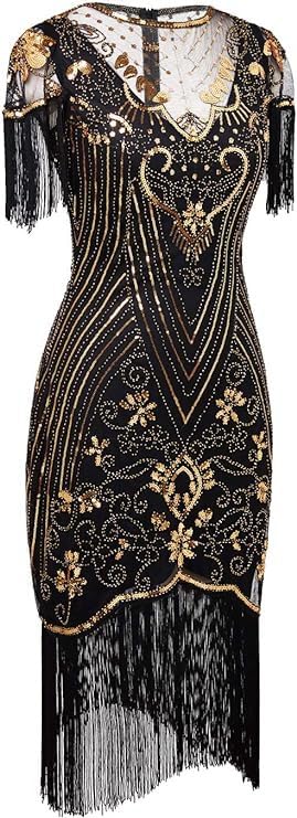 Image of 867 - Plus Size 1920s Vintage Fringed Sleeves Gatsby Sequin Tassels Hem Flapper Party Prom Cocktail Concert Dress