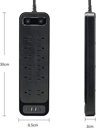 Miniatura 5 de Regleta de alimentación de 10 pies con cable de extensión de puertos USB, 12 salidas y 2 puertos USB y 2 puertos USB-C (5V 3.1A), cable de extensión