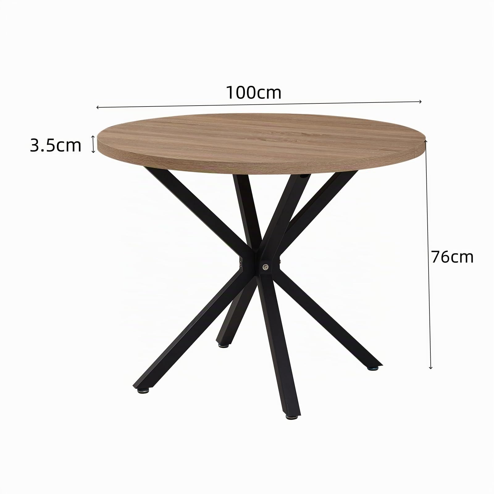 Mesa de Comedor Redonda Moderna con Tablero de MDF, Patas de Metal Negro, Adecuada para Salón, Cocina, Comedor, Mesa de Comedor Nórdica, 100 cm - Textura de Roble Claro