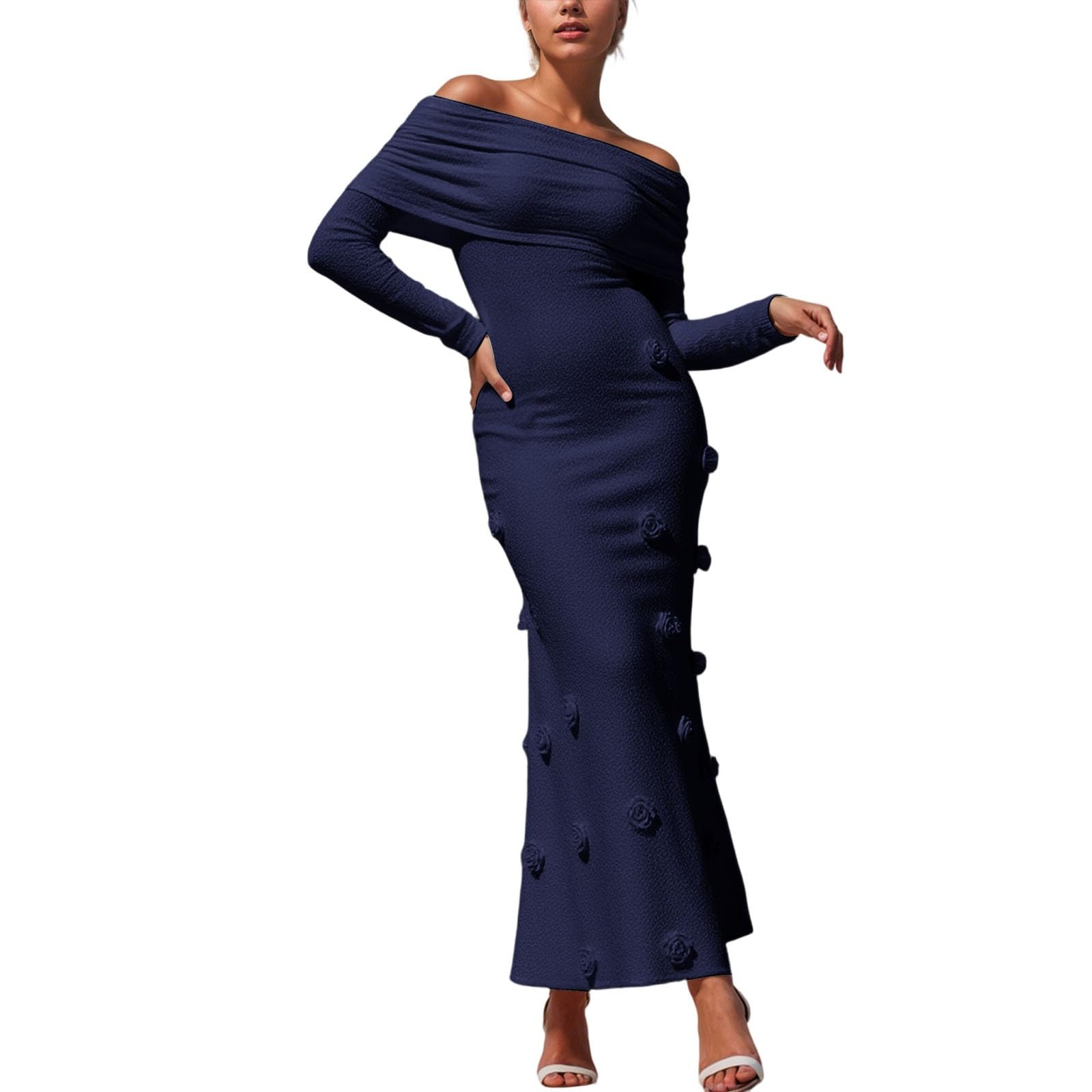 Vestito da donna in maglia jacquard floreale, abito da spiaggia con spalle scoperte, maxi abito sexy con spalle scoperte, abito estivo all'uncinetto, abito estivo a maniche lunghe per feste