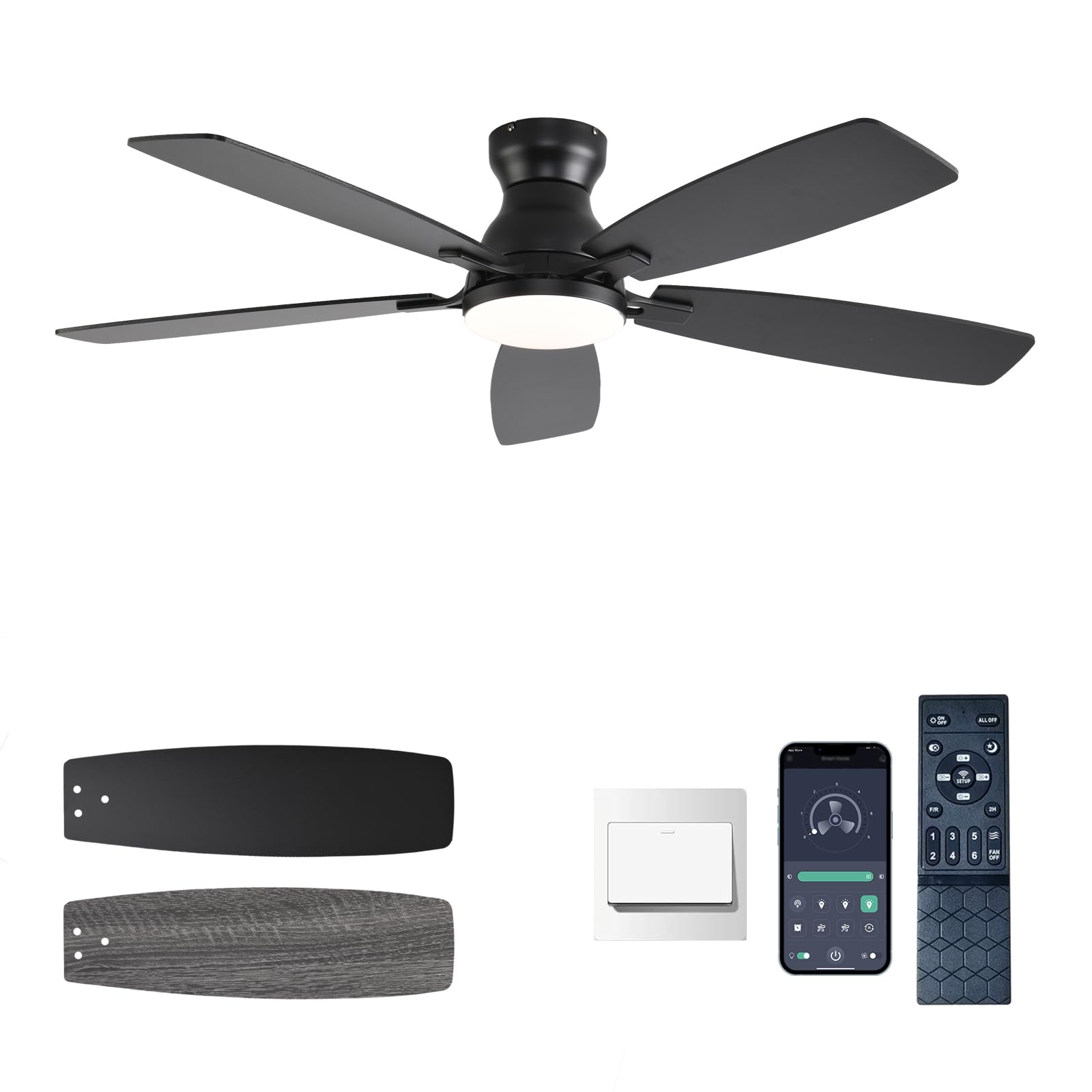 Photo 1 of ***PARTS ONLY***NON FUNCTIONAL***NKPU Ceiling Fans with Lights, Low Profile Ceiling Fan with Light and Remote/APP Control, DC Motor, Noiseless, Flush Mount, 52inch Black Ceiling Fan for Bedroom Indoor/Outdoor Use