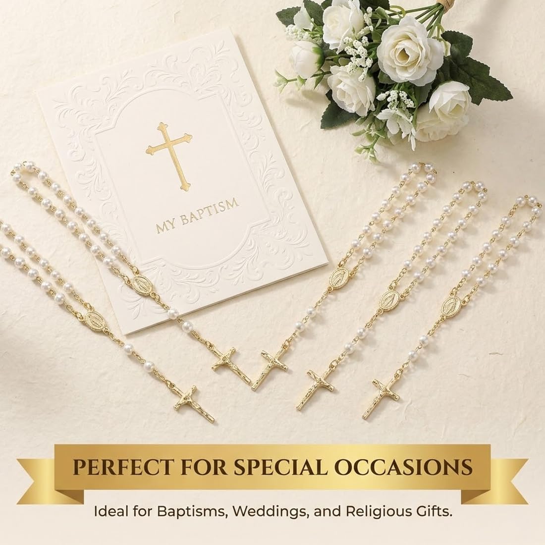 5 Piezas Rosarios de Bautismo, Mini Religiosos de Dedo con Cuentas de Perlas de Imitación, Recuerdos y Recordatorio, con Cruces para Pulseras, para Bautizo, Comunión, Boda, Fiesta (Oro) — view 4