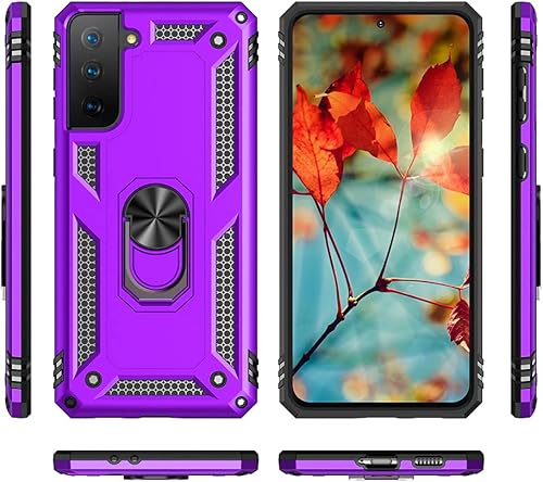 Miniatura 5 de Androgate Funda de teléfono con soporte de anillo de metal para Samsung Galaxy S21 FE 5G, color morado, protección de grado militar, protectores de
