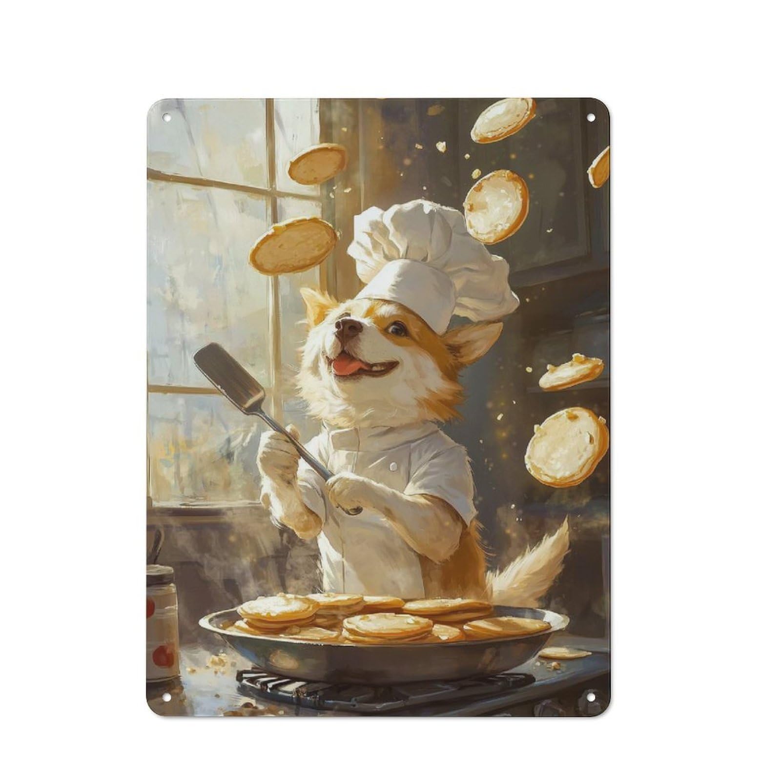 Junmoney Corgi Chef Making Pancakes Retro Metal Wall Decor 40X30cm, Tin Wall Sign For Home, Shop, Pub Or Studio Wall, Personal Accent For Everyday Walls
