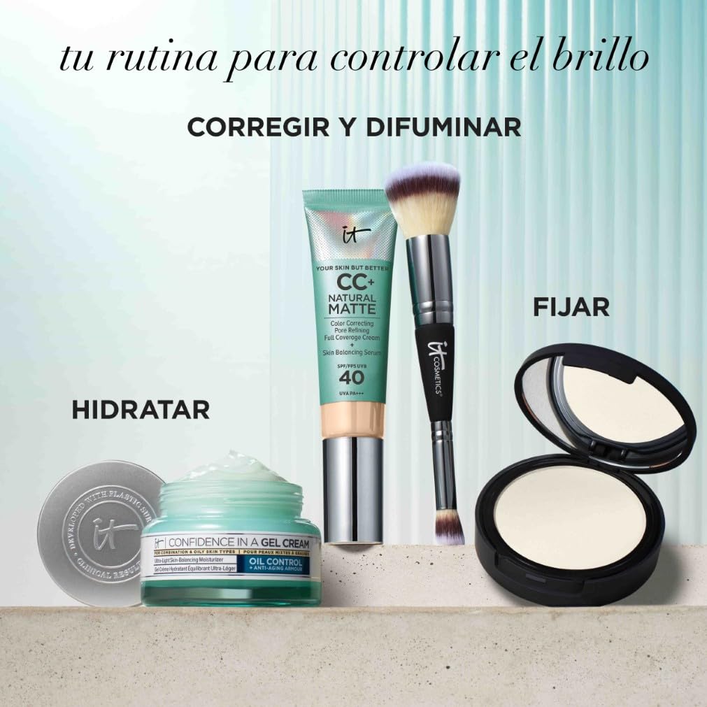 IT Cosmetics, Base de Maquillaje Matificante y Control de Brillo 16h, Minimiza Poros, Hidrata 24h, Your Skin But Better CC+ Natural Matte SPF 40, Tono Light Medium, 32 ml