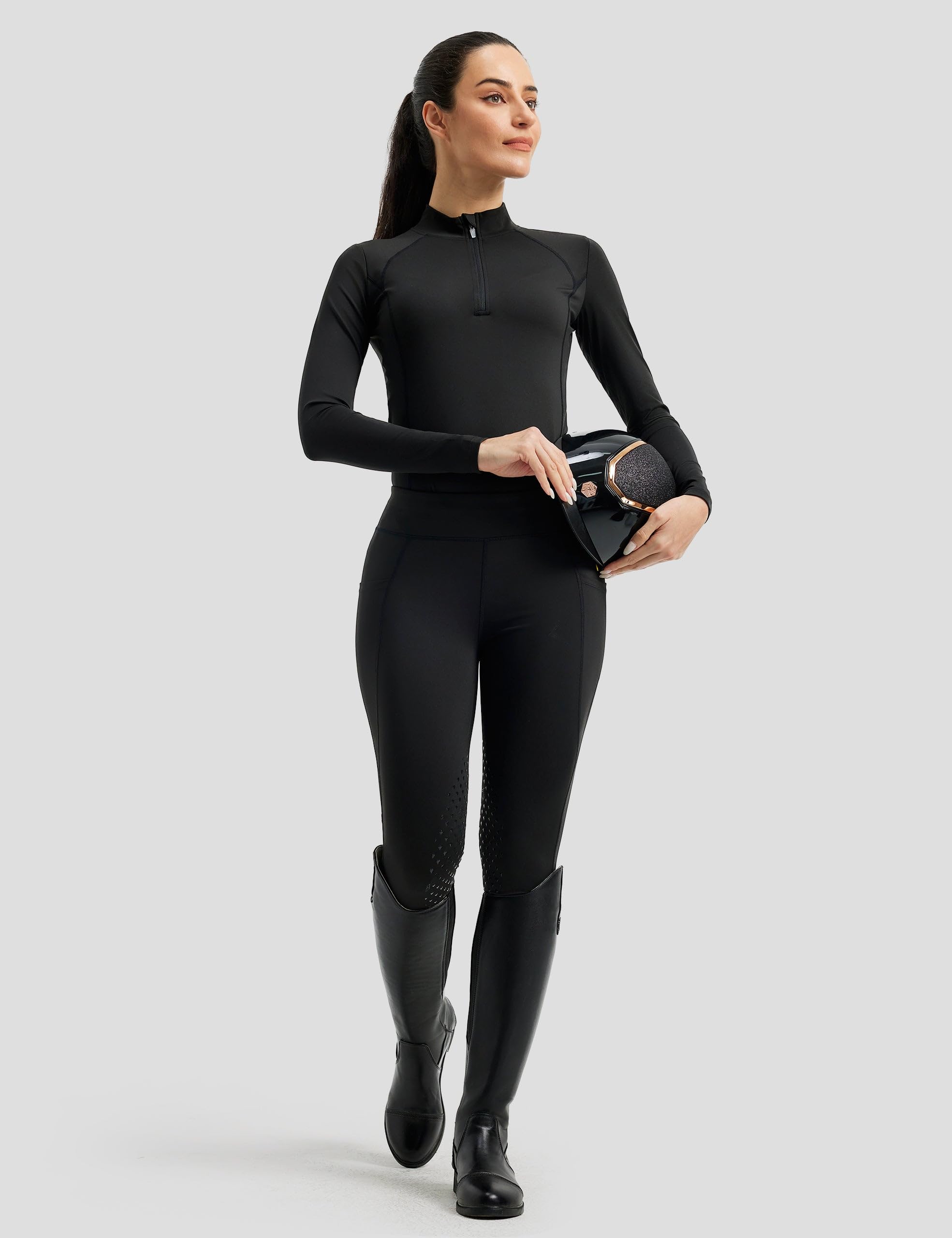 FitsT4 Sports Reitset für Damen Reithose und Reitsport Oberteil Stretch Reitleggings Reitbekleidung Sommer mit Knie-Patch Silikon und Taschen