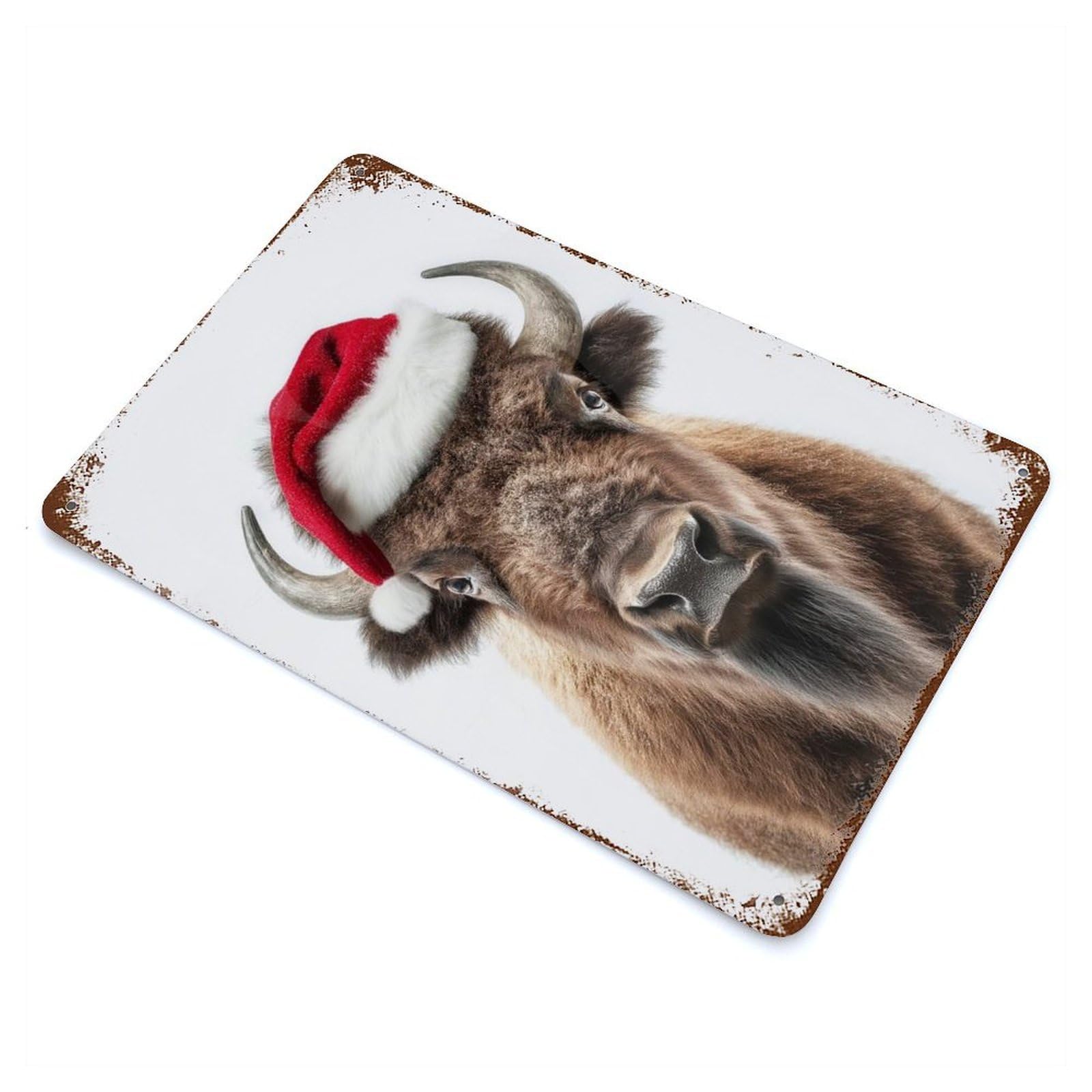 Christmas Bison with Santa Hat 11.8"x7.9" Aged Metal Wall Plaque, Novelty Wall Decor for Shed, Workshop And Garage Wall Decor