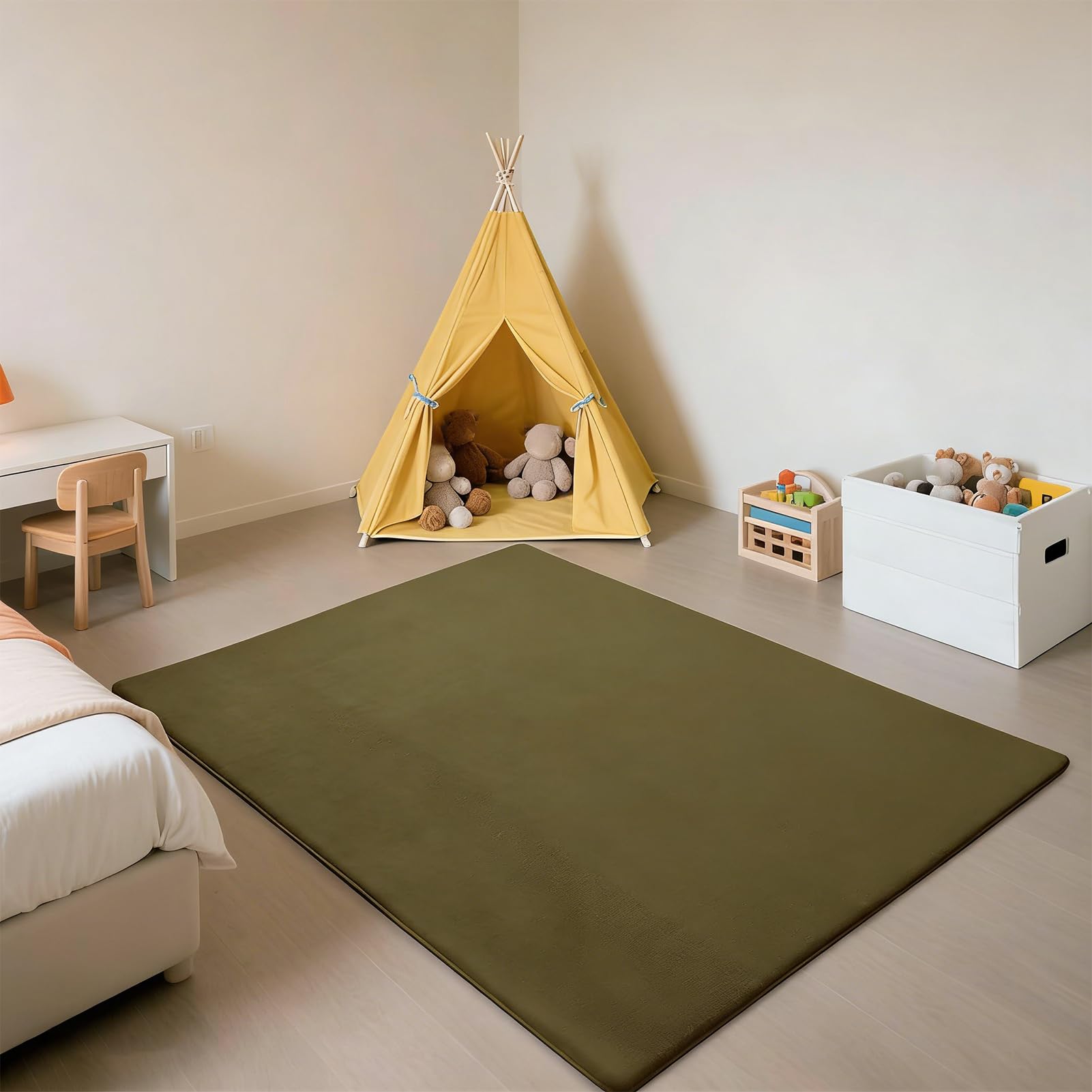 Tappeto Gioco Bambini 3 cm 150 x 200 cm Verde Militare, Pieghevole e Lavabile Tappetone Neonato con Fondo Antiscivolo Tappetino Gattonare Bambini in Velluto di Corallo per Gattonamento per Box