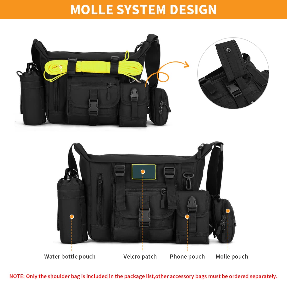 Mochila de Hombro Militar Táctical Impermeable Negro Bolso de Bandolera Múltiple Función