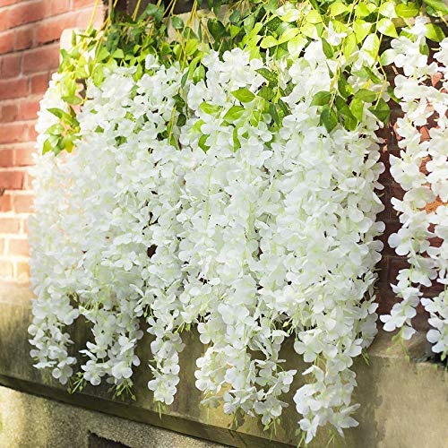 Image of Tia Crafts Polyester Artificial Hanging Flowers for Ceiling Balcony|White Wisteria Vine|Home Party Decor Garden Outdoor Greenery Office Wall Decoration|Waterproof Washable 45 Pack of 6(White,6)