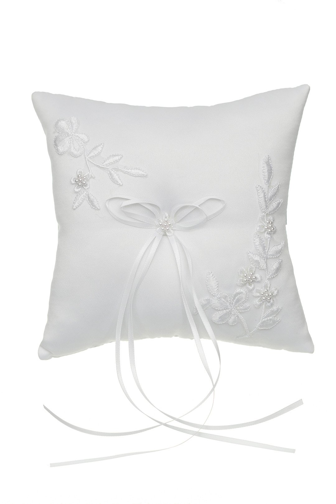 SAMKY Venus Jewelry Pearl Embroided Flower Leaves Wedding Ring Bearer Pillow 7 Inch x 7 Inch - White RP010W