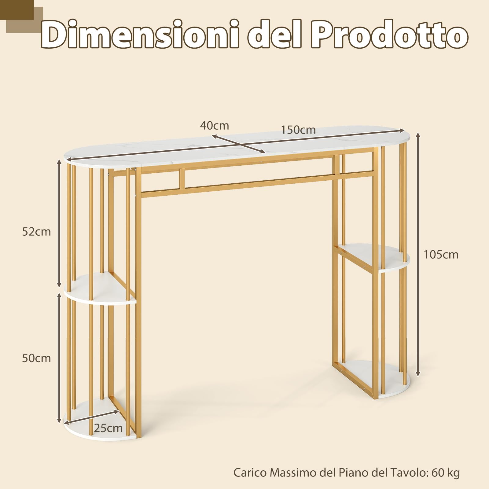 COSTWAY Tavolo da Bar Alto, Tavolino da Cucina Moderno con Piano in Finto Marmo, 4 Ripiani Laterali e Struttura in Metallo, Bancone Cucina da Casa per Soggiorno e Sala da Pranzo (Bianco)