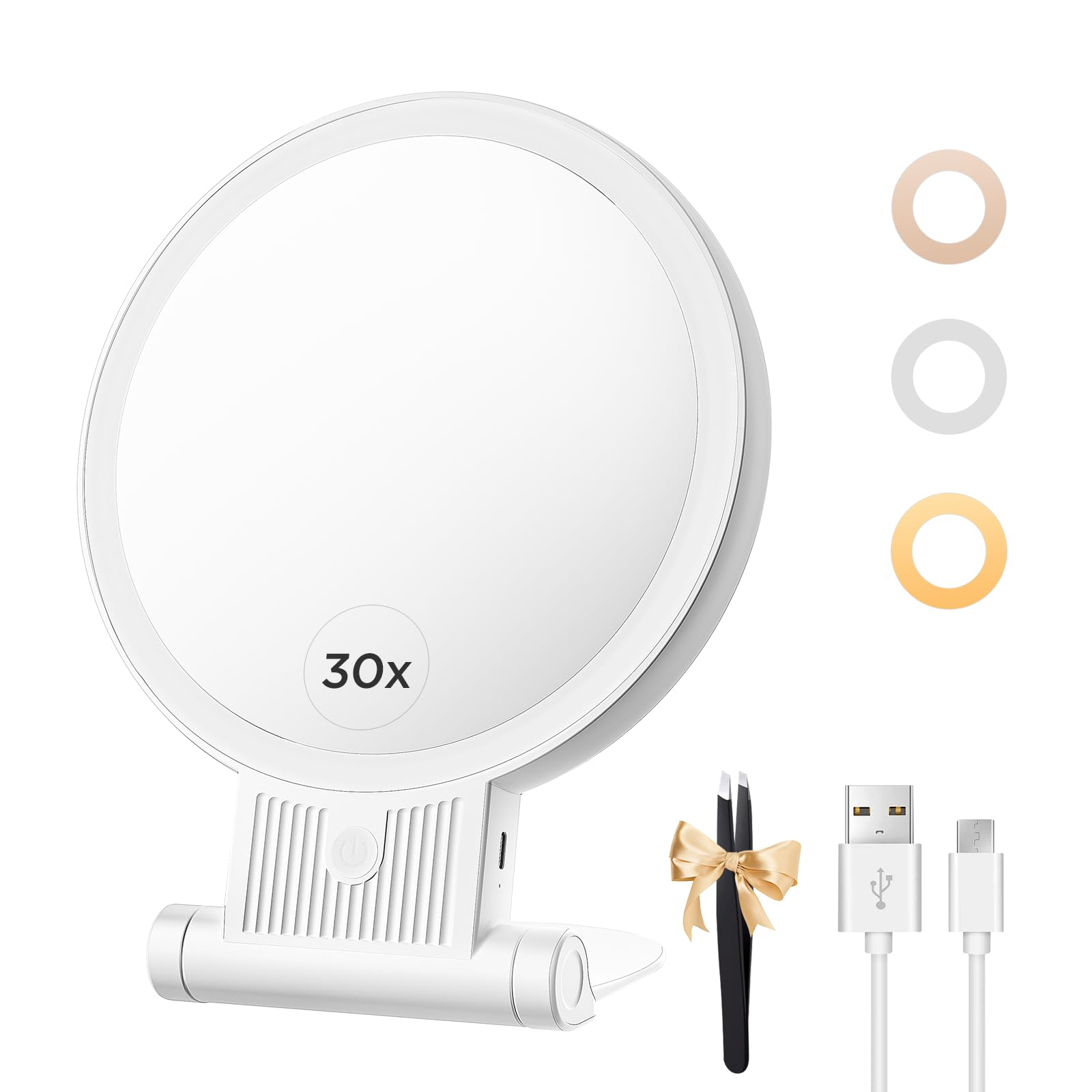tubbede 1X/30X Lighted Makeup Mirror with Magnification, Double-Sided Switch, 3-Color Lights, 2000mAh Rechargeable, Adjustable Brightness for Vanity Table or Bathroom (Whithe)