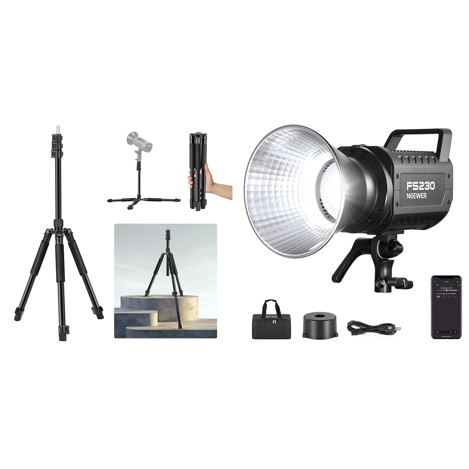 NEEWER ST195 Photography Light Stand 1.5-6.4ft/47-195cm Aluminum Reversible Studio Lighting Tripod for Strobe Camera Softbox + FS230 230W COB Video Light with 2.4G/APP Control 110000lux/1m 5600K