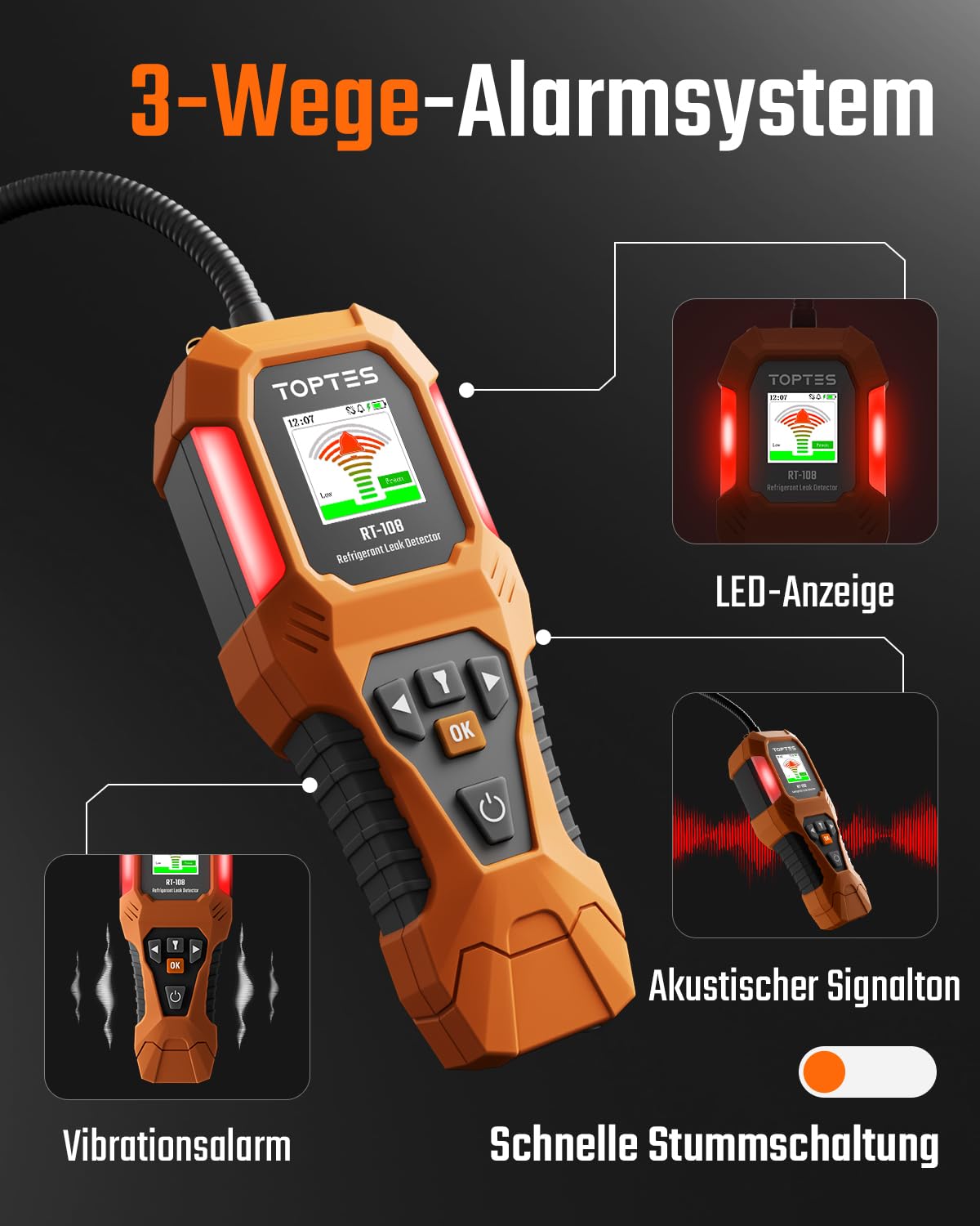 TOPTES RT-108 Kältemittel-Leckdetektor, HVAC Freon-Lecksuchgerät mit Halogen-Ionisationssensor, Klimaanlagen-Lecksuche mit 3 Empfindlichkeitsstufen für R134a, CFCs, HCFCs, HFCs – Orange