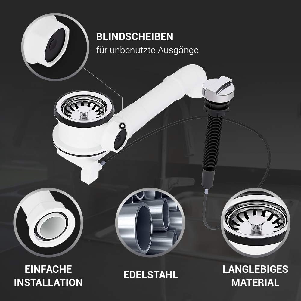AQUADE Válvula para cesta de 70 mm con cable Bowden + organizador para fregadero | Fregadero de desagüe, sifón para cocina