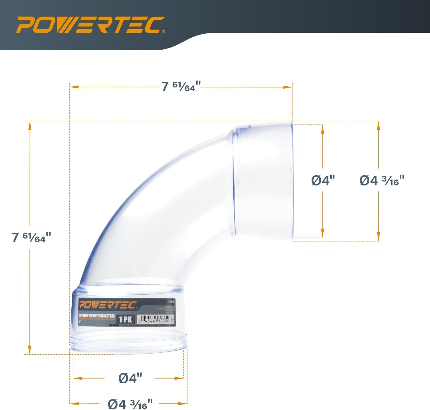 POWERTEC 70368 4 Inch ID 90 Degree Elbow for 4 Inch OD Dust Collection Pipes, Adapters and Fittings (Clear), 1 pack
