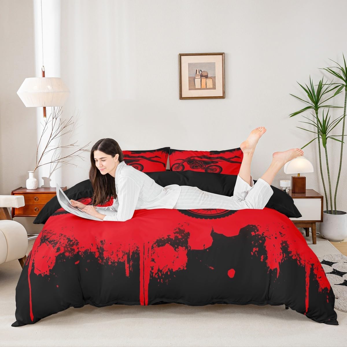 Erosebridal Dirt Bike Duvet Cover, Motocross Rider Comforter Cover Motorcycle Game Quilt Cover Full Size,Motorbike Extreme Sport Bedding Set for Kids Boys Teens Trendy Duvet Cover, Red Black