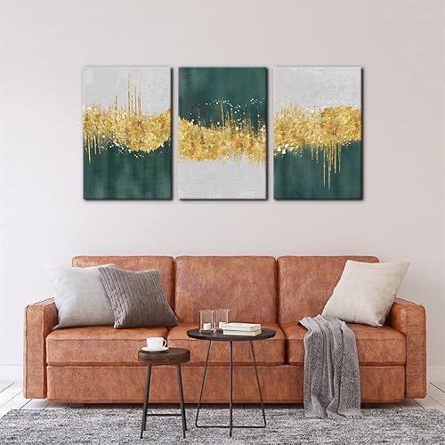 Miniatura 3 de Pacimo Lienzo decorativo para pared, cuadros geométricos dorados y verdes, trazos, formas abstractas, ilustraciones, impresiones sobre lienzo, 3