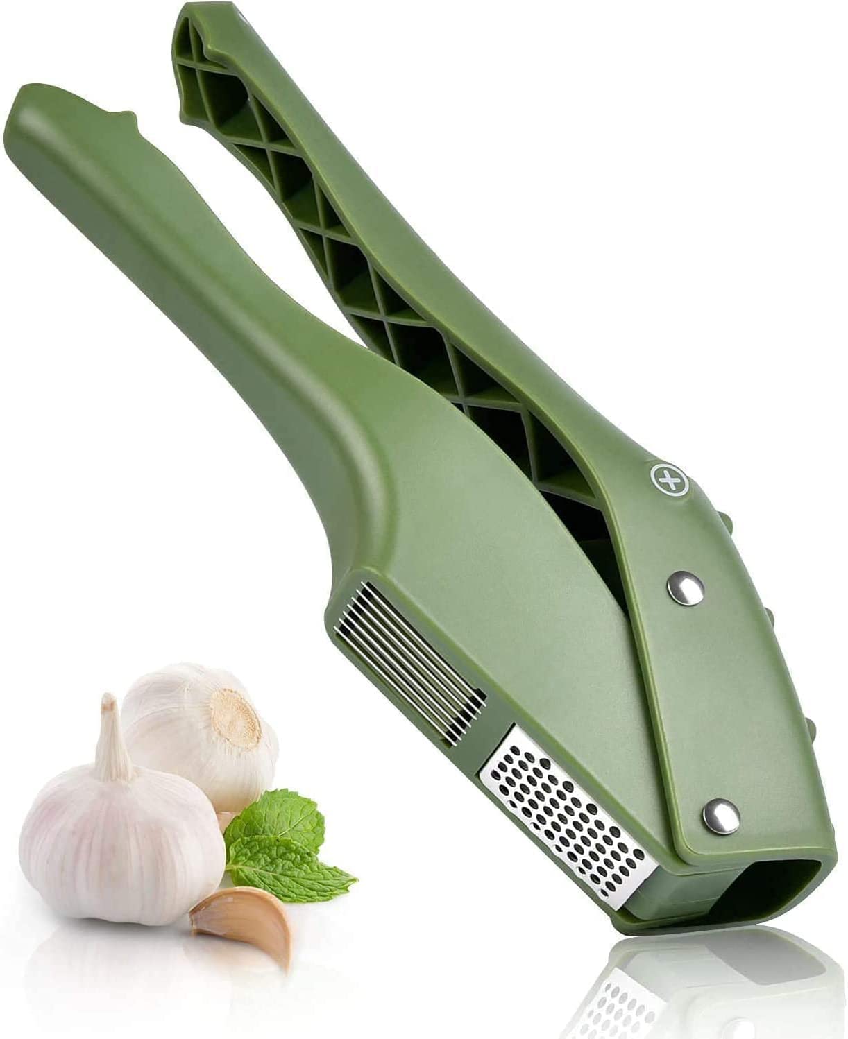 Garlic Press, Sopito 2 in 1 Garlic Cutter with Cleaning Brush and Silicone Pipe Peeler, Dishwasher Safe, Green
