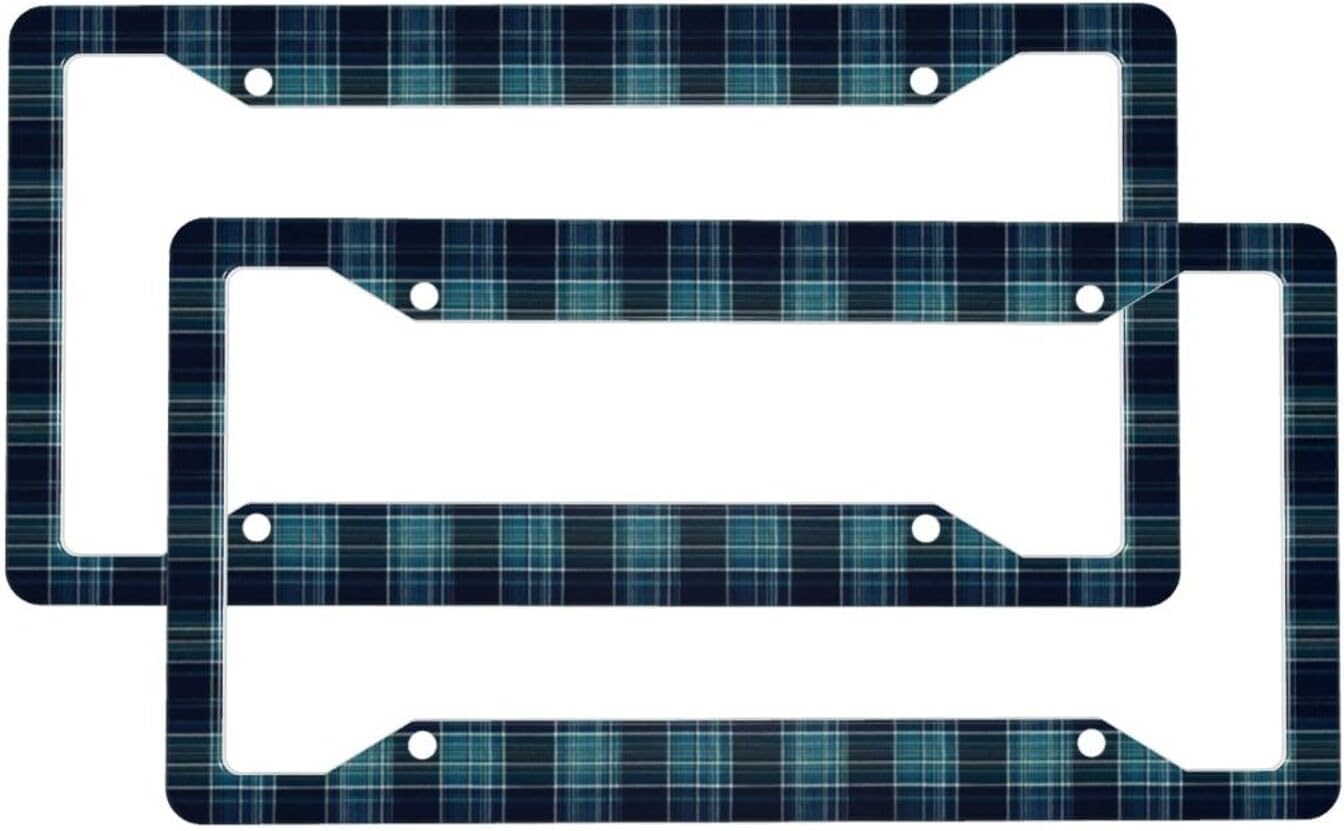 2 Pcs Car License Plate Frames for Women Men – Vintage Navy Check Print Solid Aluminum License Plate Cover for Car Accessories with Fasteners and