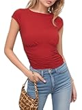 Women's Crew Neck Shorts Sleeve Shirts Y2k Going Out Summer Basic Tops Cap Sleeve Ruched Causal Tee Shirt