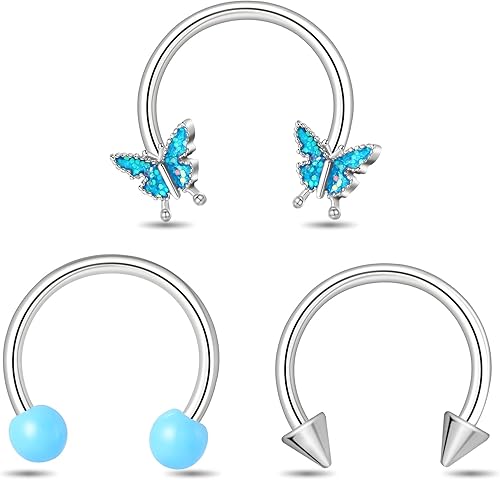 Viallct 3 anillos de tabique de 16 G, herradura, nariz, cartílago, hélix, aretes de acero quirúrgico 316L, mariposa, nariz, aro de oreja, piercing