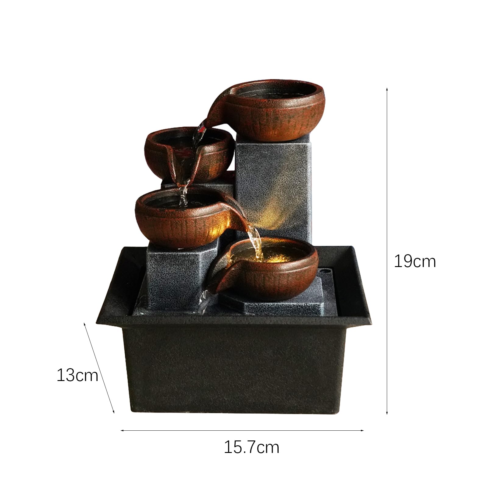 Fontaine à eau électrique de bureau,Fontaine d’Intérieur Cascade 4 Niveaux Jarre Effet Pierre,Décor Zen en Résine,avec Lumières LED Ornements d'eau Courante de Fontaine pour Le Bureau(Style 1)