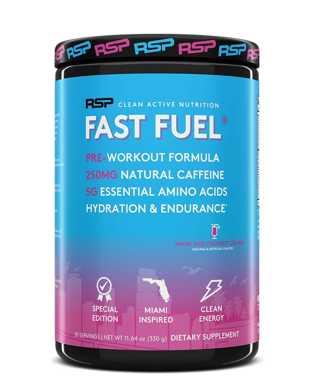 RSP Fast Fuel - Pre Workout Powder, Energy, Endurance, Hydration with Natural Caffeine, Electrolytes, EAAs, Beta Alanine, Creatine, Arginine (30 Servings) (Miami Vice Coconut Colada)