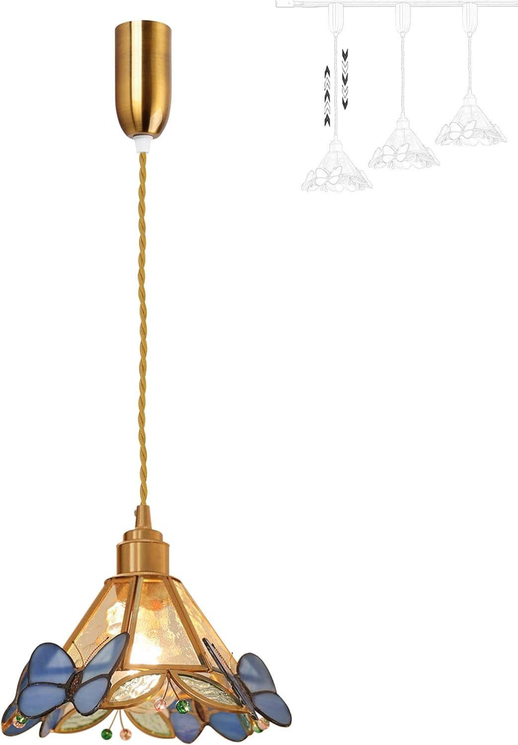 Adjustable Height H Type Track Lighting, Brass E26 Socket Blue Butterflies Tiffany Glass Cover, 3.2 Ft Cord Dimmable Modern Pendant Light Decorate for Plant Barn Kitchen Island