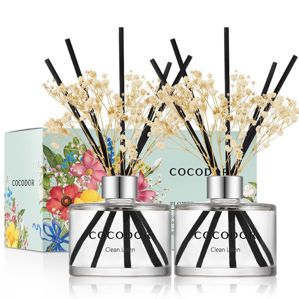 COCODOR Preserved Real Flower Reed Diffuser/Clean Linen / 6.7oz(200ml) / 2 Pack/Reed Diffuser Set, Oil Diffuser &amp; Reed Diffuser Sticks, Home Decor &amp; Office Decor, Fragrance and Gifts