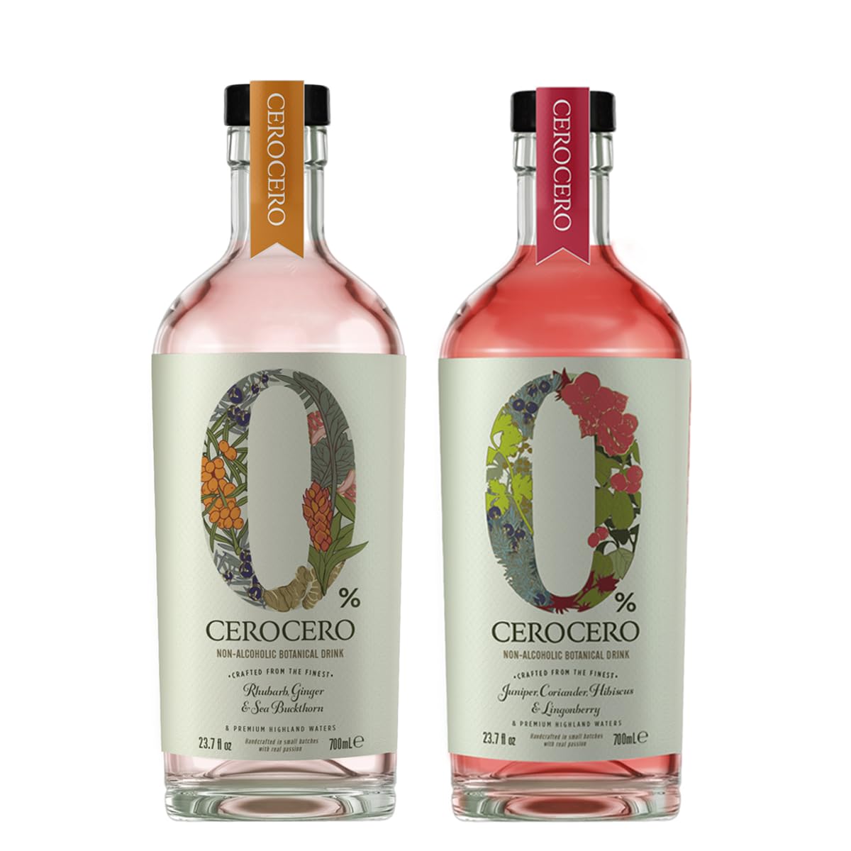 CeroCero Rhubarb, Ginger & Sea Buckthorn and Hibiscus & Lingonberry Gin Alternative 70cl | Premium Non Alcoholic Gin by Spirits of Virtue | Imported by Think Distributors (700ml)