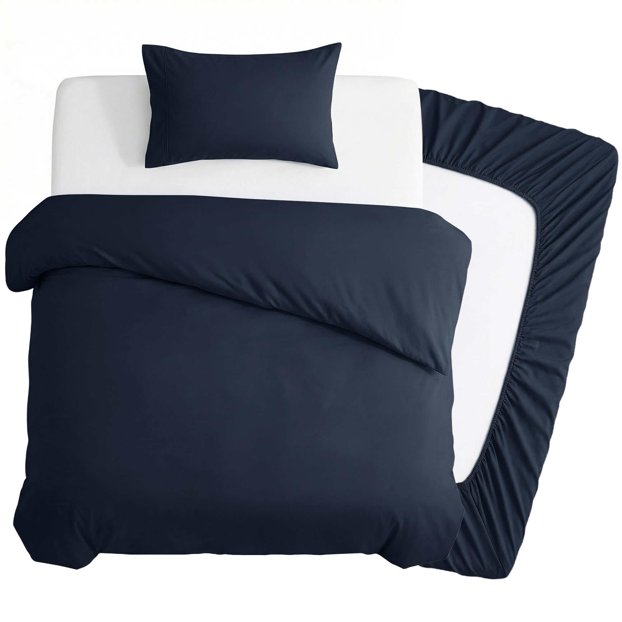 Deconovo 3 Piece Single Bedding Set, Brushed Microfibre Single Duvet Cover Set with 35cm Deep Fitted Sheet and 1 Pillowcase, Soft Quilt Cover for Single Bed - Navy Blue