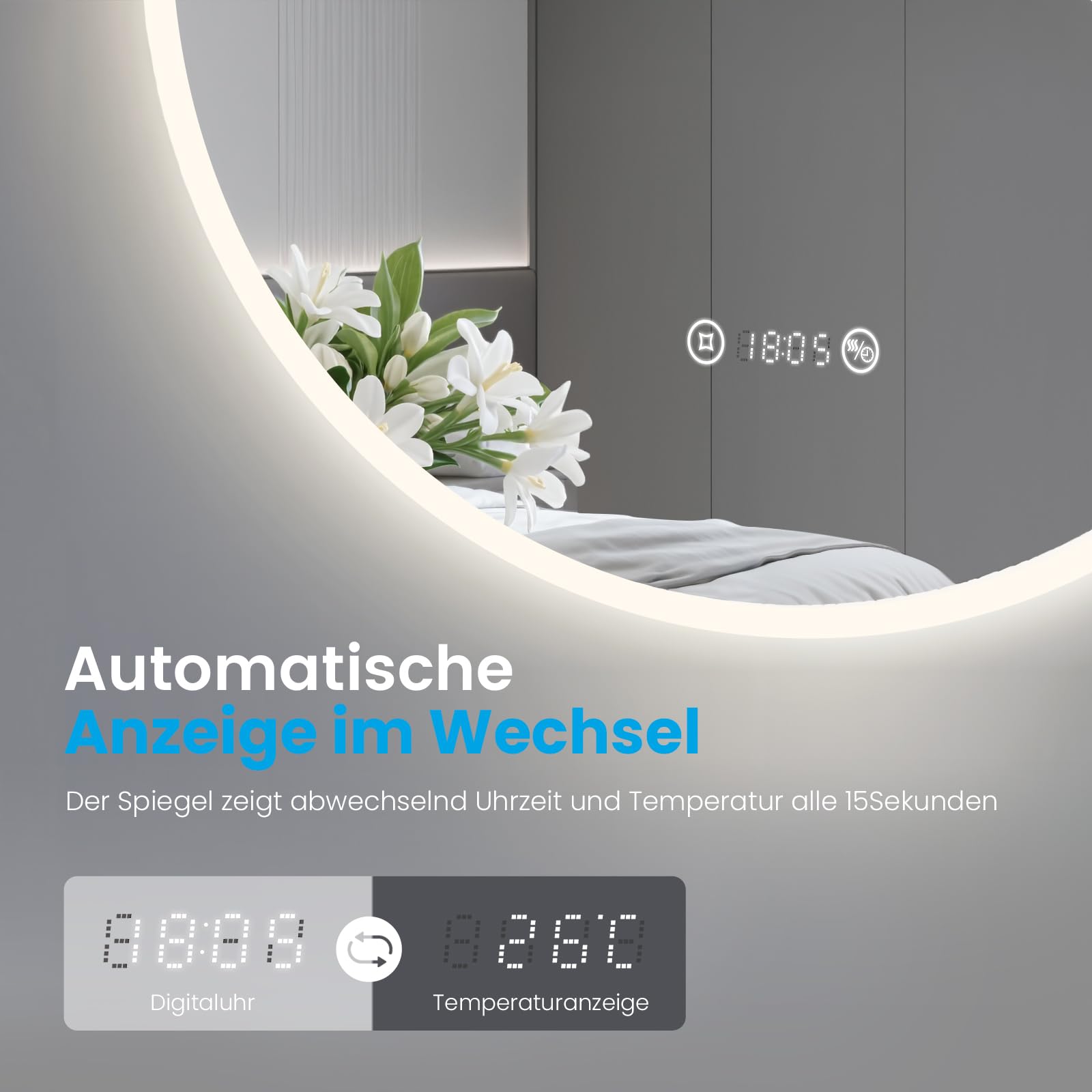 Heilmetz Badspiegel mit Beleuchtung Rund 70cm, LED Badezimmerspiegel mit Uhr, Antibeschlag, Touch, 4300K Warmweiß Licht, Spiegel mit Beleuchtung für Bad