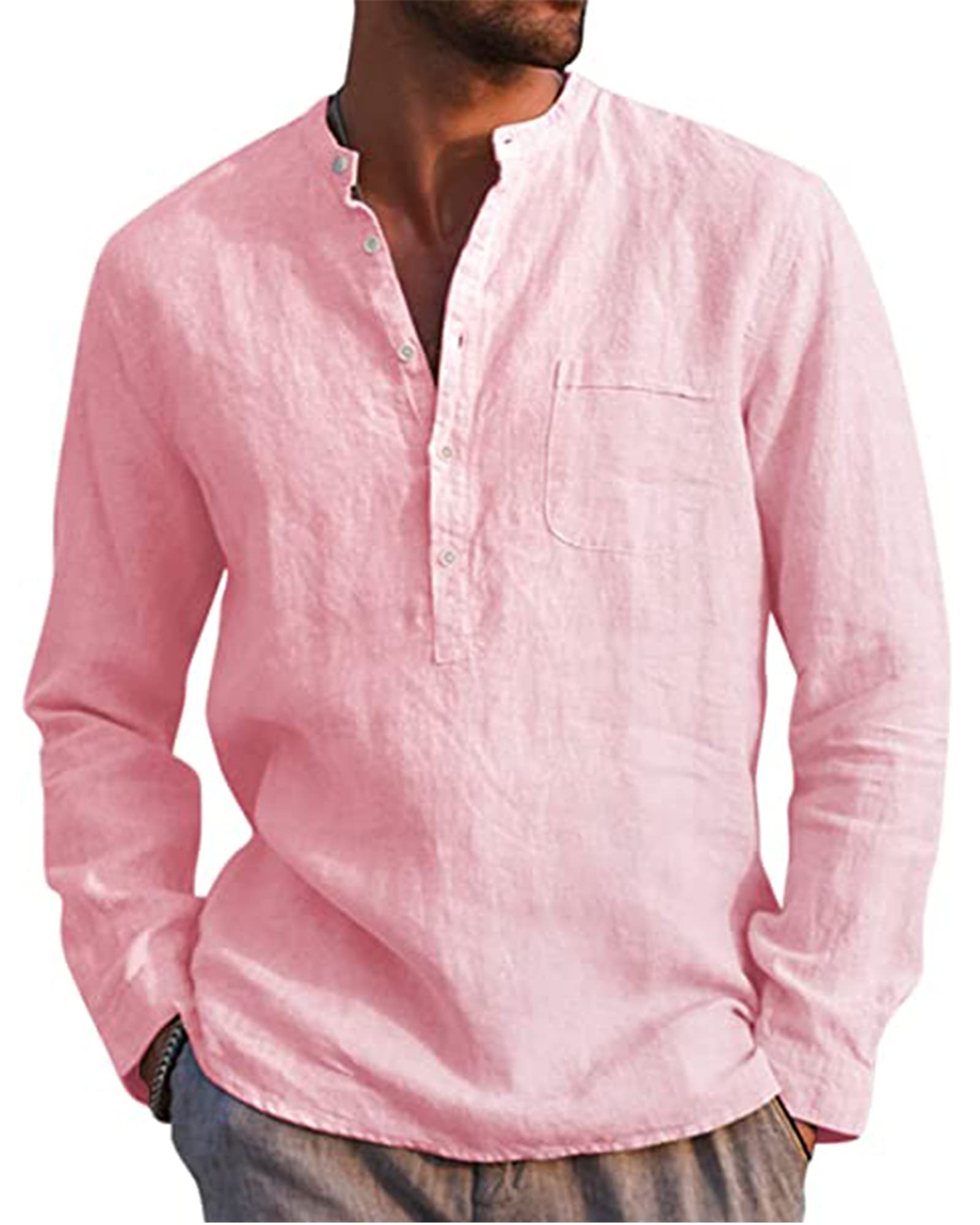 LVCBL Hemd Herren Langarm Henley Sommerhemd Herren Freizeithemd Leinenhemd Regular Fit Men Shirts