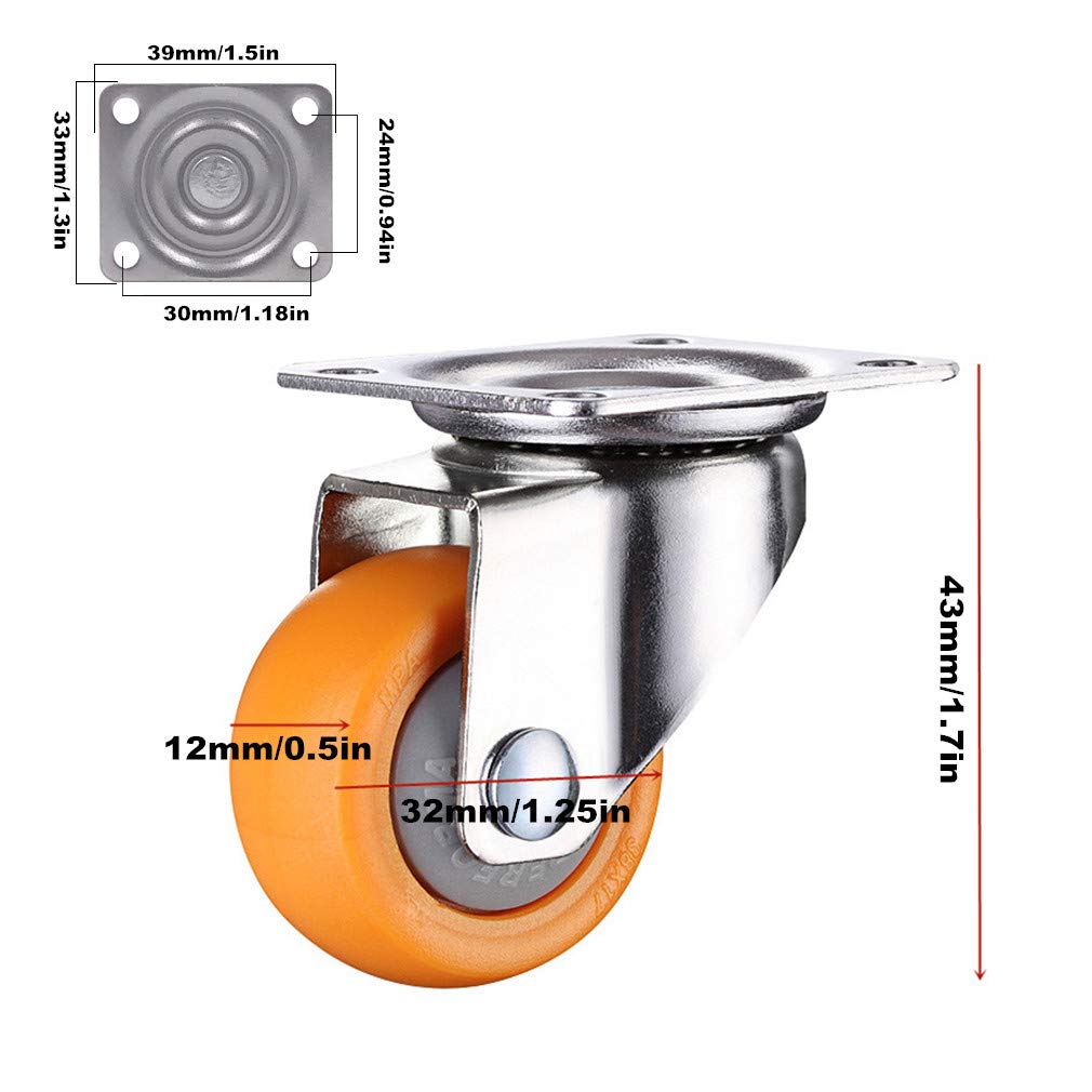 Koło meblowe, ciężkie kółka - 4 kółka z płytą obrotową, materiał PC - rolki, metalowe koło meblowe z płytą 360°, żółte, ciche, odporne na zużycie, capa