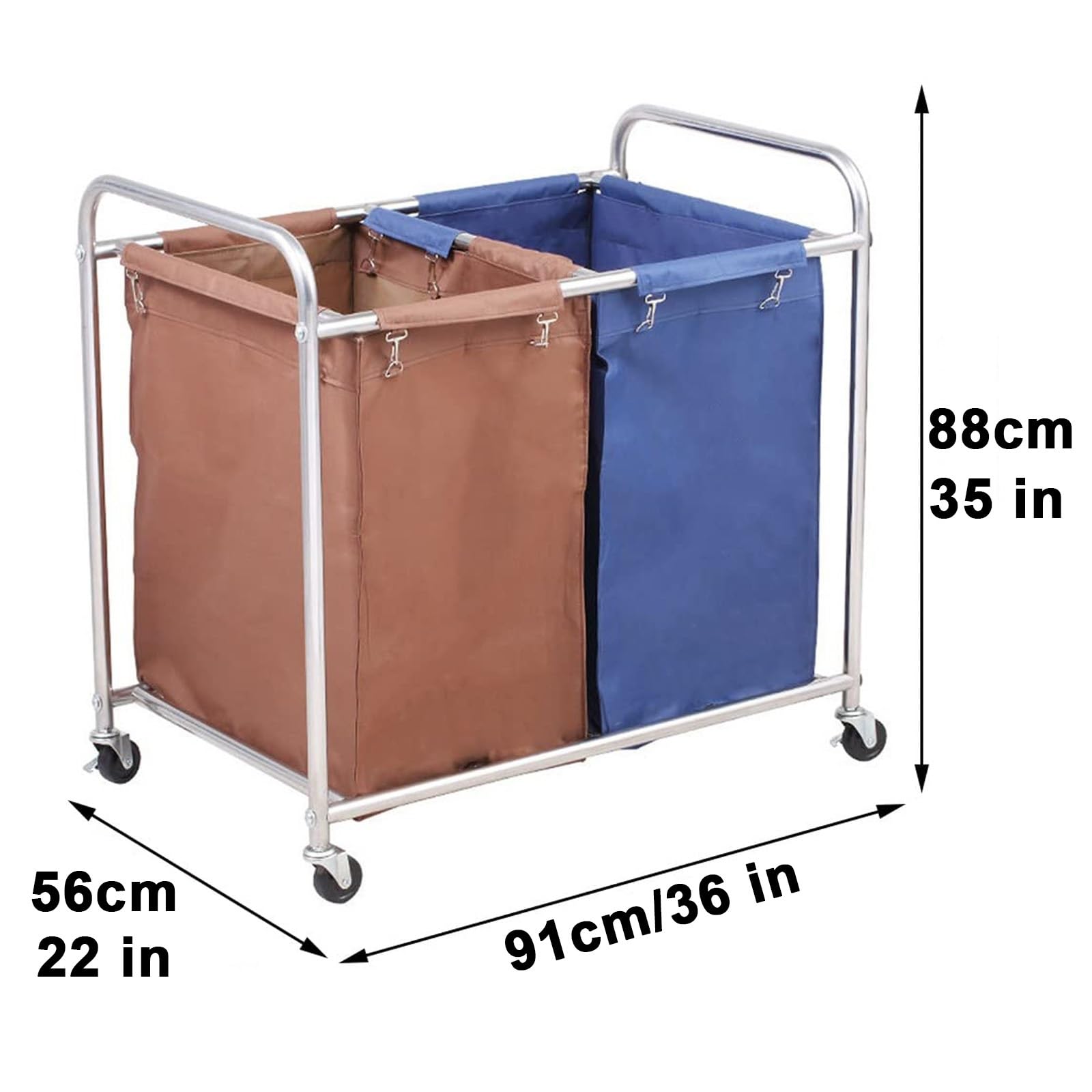 Kommerzieller Wäschekorb mit Rollen, 400 l Fassungsvermögen, groß, 2 Taschen, Rollsortierwagen, Edelstahlrahmen, 200 kg Tragkraft