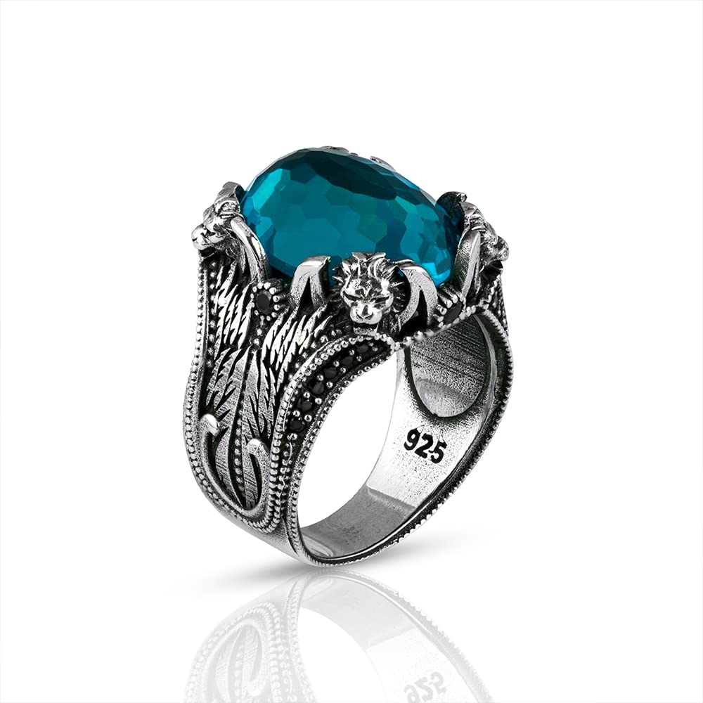 925 Sterling Silver Aquamarine Stone Men Silver Ring, Handmade Lion Head Men's Silver Ring, Gift for him, Man Silver Ring, Mens Ring, Turkish Silver Ring, Gift for Men