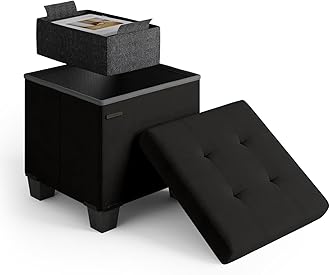 Storage Ottoman Cube with Small Bin, 15-in Square Ottoman with Storage for Living Room and Bedroom, Small Ottomans Foot Rest, Faux Leather Foot Stools Ottomans Max 330lbs, Black