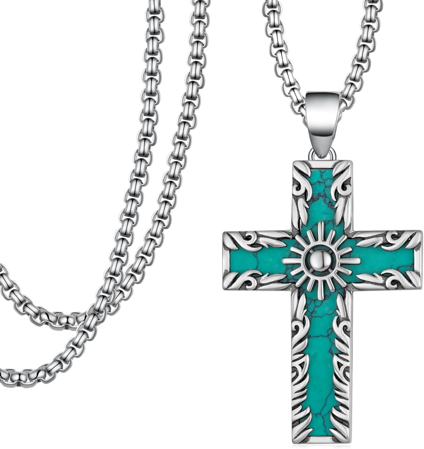 Turquoise Cross Necklace 925 Sterling Silver Feather Western Cross Necklace Vintage Native American Jewelry Gifts for Men Women