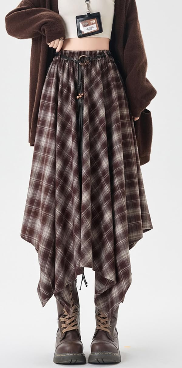 chouyatou Women 2025 Fall A-Line Pleated Midi Long Plaid Skirt Casual Handkerchief Hem Flare Skater Skirt