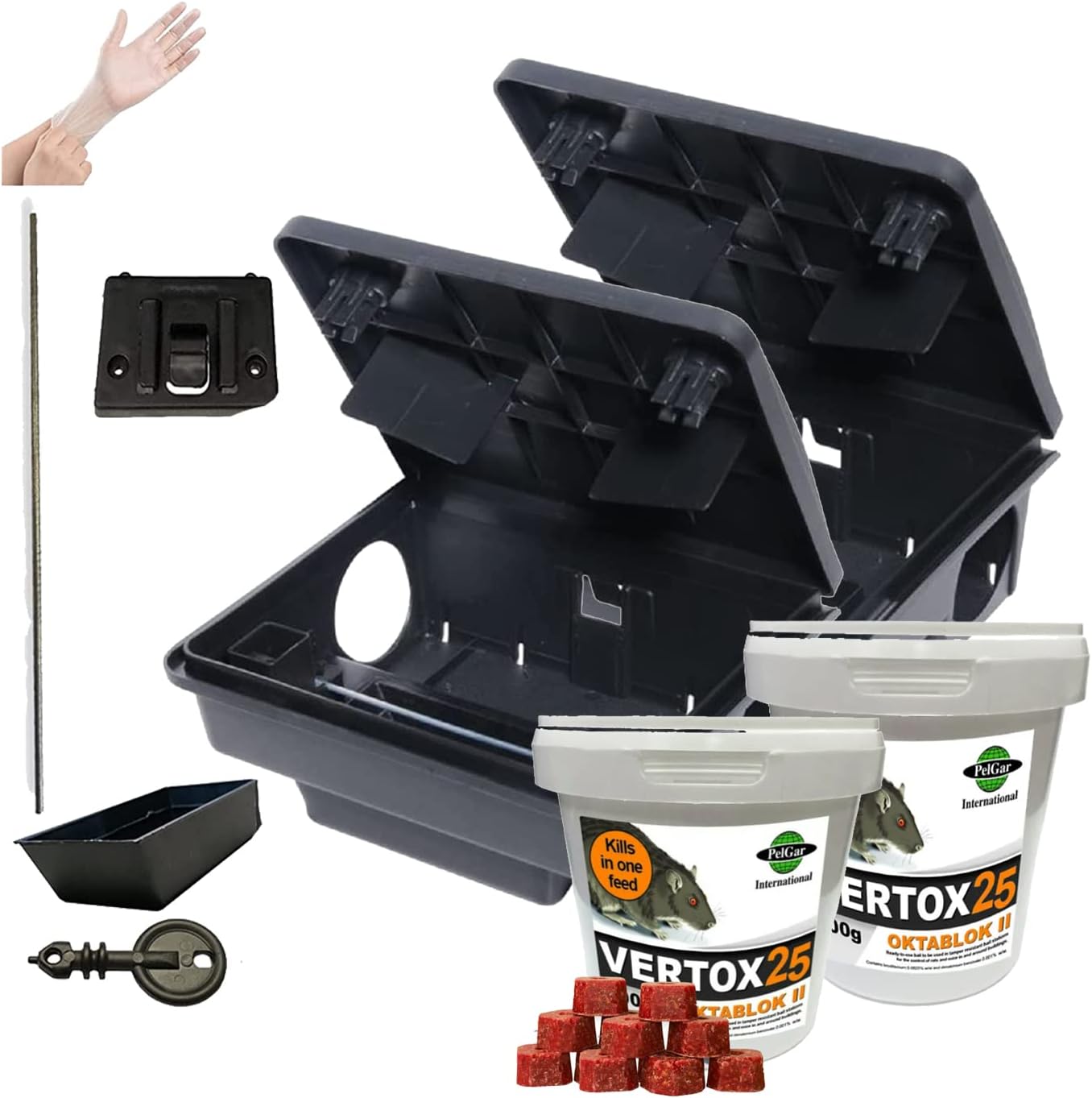 Rat Block Bait with Rat Bait Station Mouse Bait Blocks and Mouse Bait Station Single Feed Rodent Killer Block Fast Acting Rodent Control Kit (2 Bait Stations + 2 Vertox Oktablock-ll 300g Tubs)