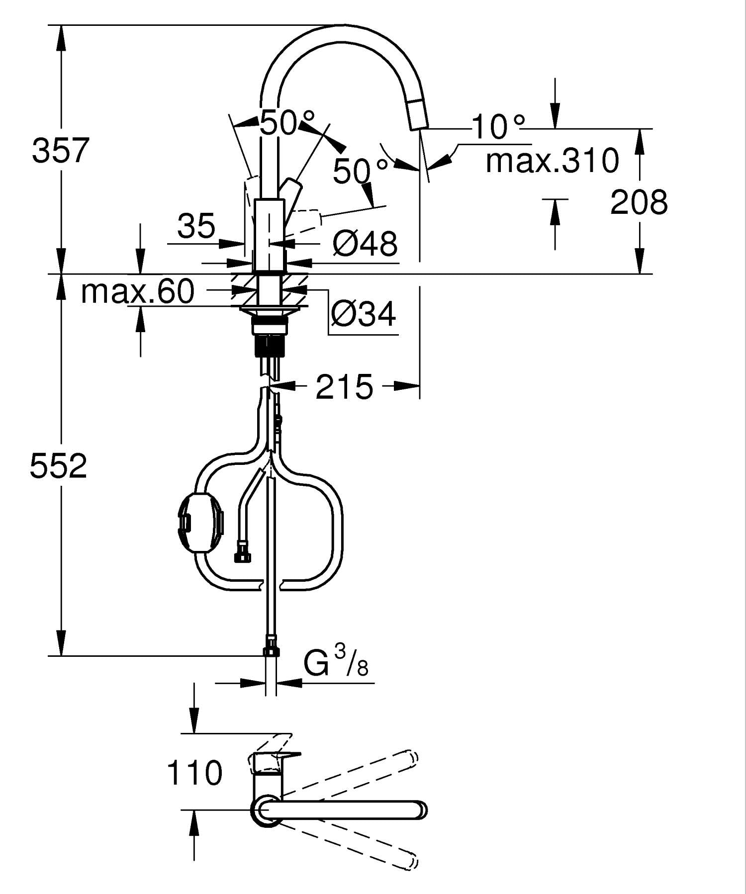GROHE Start Edge Robinet de Cuisine, Mitigeur Monocommande Evier, Mousseur Extractible, Bec Haut, Zone de Rotation 360°, Chromé, 30550000