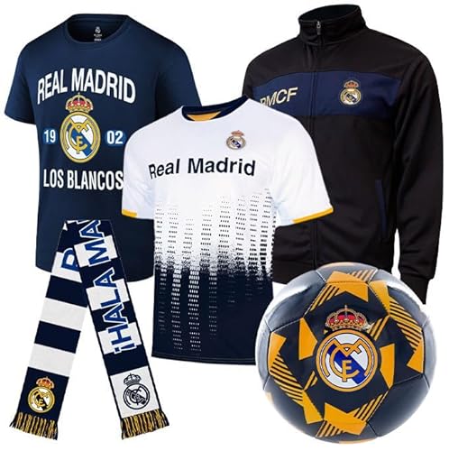Icon Sports Real Madrid Ultimate Fan Pack – Officially Licensed 5-Piece Soccer Merch - Shirt, Jersey, Jacket, Scarf, Ball S Black