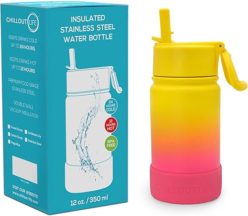 CHILLOUT LIFE Botella de agua aislada para niños de 12 onzas para la escuela con tapa con pajilla, a prueba de fugas y bonitas calcomanías